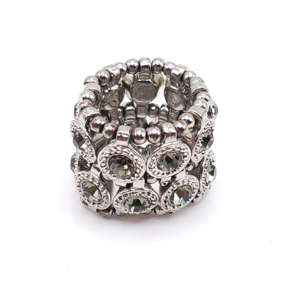 Silver Tone Wide Stretch Ring Clear Rhinestone Double Row Statement Size 5 Up